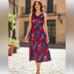 NWT $ 169 Talbots Satin Cowl Neck Floral Sleeveless Fit & Flare Midi Dress Sz 4